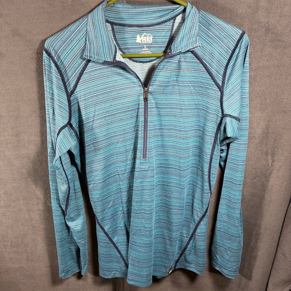 REI co op women 1/4 zip‎ top large blue striped outdoor hiking camping